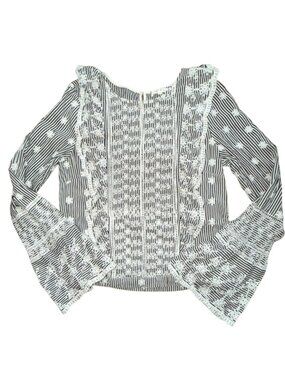 Wllow & Clay Eyelet Stripe Floral Bell Sleeve Top-Gray/White-M-GUC